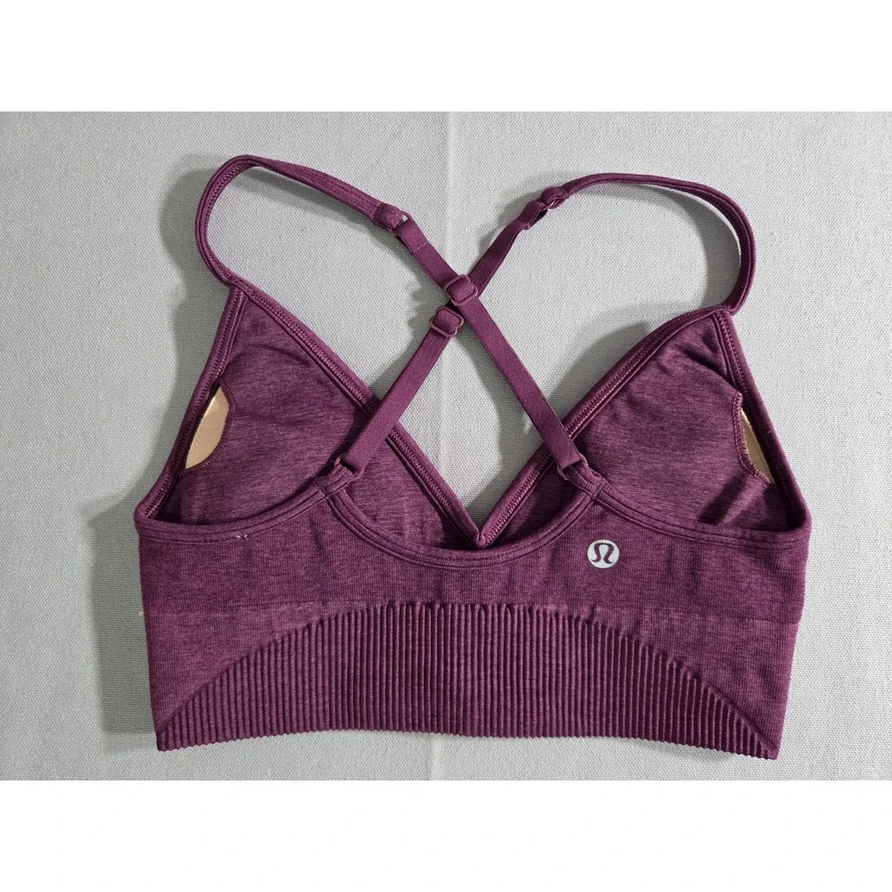 Lululemon Sports Bra Womens 4 Maroon Seamless Ribbed Yoga Open Back Strappy Gym